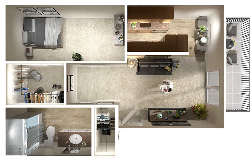 Floor plan for 1 bed, 1 bath, 580 sqft